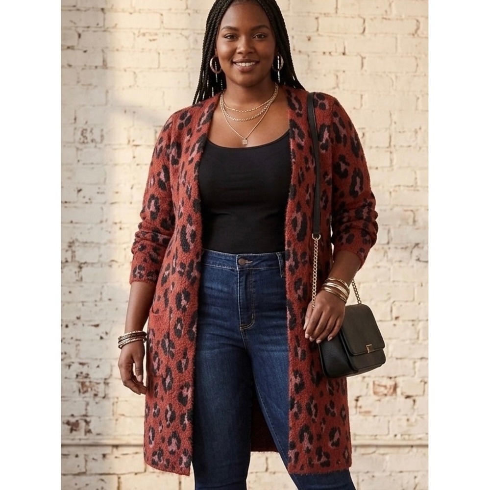 Torrid Womens Rust Red Leopard Print Fuzzy Knit Open Front Long Cardigan Size 1